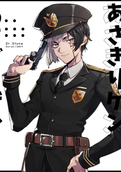 Anime picture 1200x1703 with dr. stone asagiri gen doran7280 single tall image looking at viewer black hair signed silver hair multicolored hair two-tone hair grey eyes copyright name character names hand on hip facial mark military 2019 boy uniform