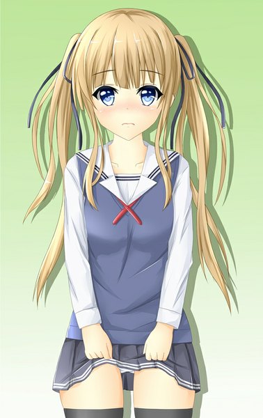 Anime picture 567x900 with saenai heroine no sodatekata a-1 pictures sawamura spencer eriri tear yu single long hair tall image looking at viewer blush fringe blue eyes light erotic simple background blonde hair twintails pantyshot skirt lift green background girl thighhighs