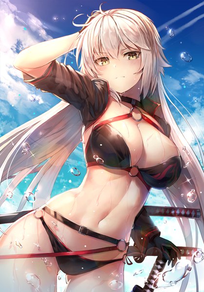 Anime picture 1100x1575 with fate (series) fate/grand order jeanne d'arc (fate) (all) jeanne d'arc alter (fate) jeanne d'arc alter (swimsuit berserker) (fate) motokonut single long hair tall image looking at viewer blush fringe breasts light erotic hair between eyes large breasts yellow eyes payot sky cleavage