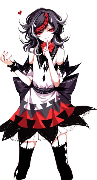 Anime picture 1950x3600 with touhou kijin seija sheya single long hair tall image looking at viewer highres black hair simple background smile red eyes white background braid (braids) nail polish head tilt multicolored hair horn (horns) streaked hair red nail polish