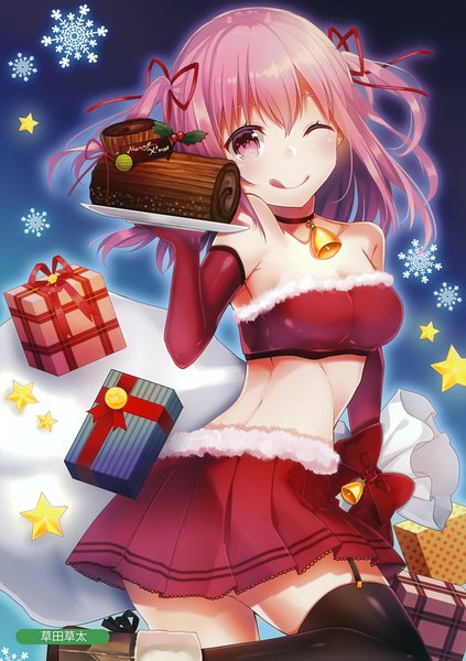 Anime picture 2469x3500 with melonbooks kusada souta single long hair tall image looking at viewer highres light erotic smile pink hair one eye closed pink eyes wink scan two side up christmas bell collar :q merry christmas girl