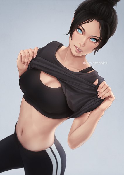 Anime picture 827x1169 with apex legends wraith (apex legends) umigraphics single tall image looking at viewer fringe short hair breasts light erotic black hair simple background standing signed aqua eyes mole hair bun (hair buns) twitter username piercing shirt lift