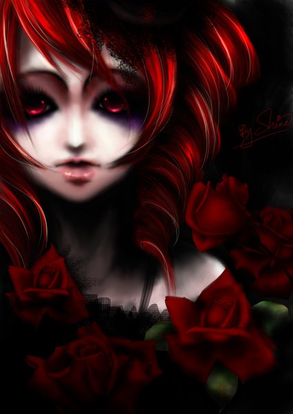 Anime picture 2150x3035 with utau kasane teto shine cheese single tall image highres open mouth red eyes signed multicolored hair lips drill hair face girl flower (flowers) rose (roses)