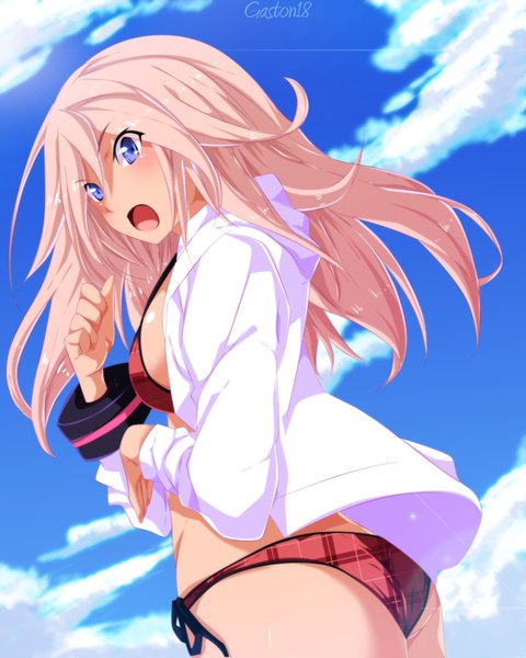 Anime picture 1040x1300 with god eater burst alisa ilinichina amiella tongasart single long hair tall image open mouth blue eyes light erotic pink hair sky cloud (clouds) open clothes open shirt coloring girl swimsuit bikini shirt