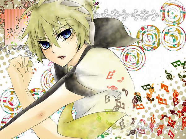 Anime picture 1024x768 with vocaloid kagamine len ojou short hair blue eyes blonde hair boy necktie headphones sailor suit musical note