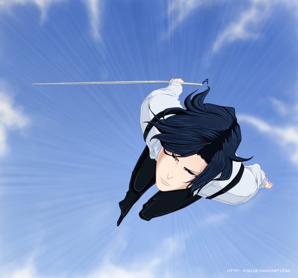 Anime picture 2825x2639 with bleach studio pierrot shuukurou tsukishima ksei single highres short hair black hair sky cloud (clouds) black eyes coloring boy weapon shirt sword katana pants