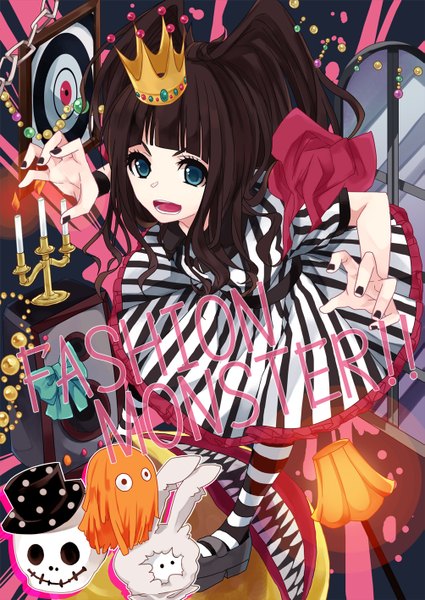 Anime picture 1003x1417 with fashion monster pixiv kyary pamyu pamyu drr saku single long hair tall image open mouth blue eyes black hair twintails nail polish fingernails striped bent over girl dress hat window chain