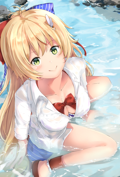 Anime picture 1393x2047 with azur lane le temeraire (azur lane) ponyaru single long hair tall image looking at viewer blush fringe breasts light erotic blonde hair smile large breasts sitting green eyes full body ahoge outdoors from above