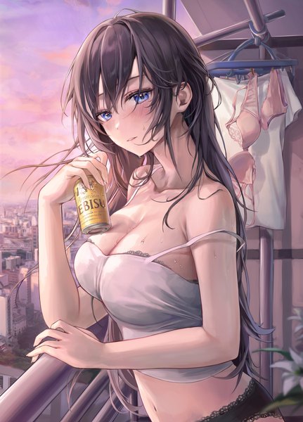 Anime picture 2932x4084 with original yebisu aibek single long hair tall image looking at viewer blush fringe highres breasts blue eyes light erotic black hair hair between eyes large breasts holding sky cleavage cloud (clouds)