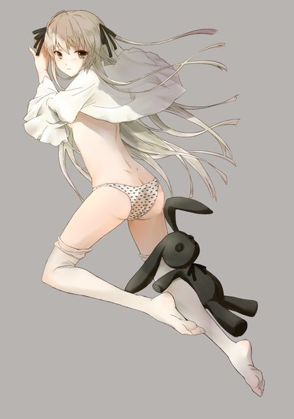 Anime picture 2079x2953 with yosuga no sora kasugano sora ankh order single long hair tall image looking at viewer blush fringe highres light erotic simple background standing silver hair full body ass looking back light smile from behind grey background
