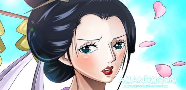Anime picture 6816x3304 with one piece toei animation nico robin amanomoon single looking at viewer blush highres short hair open mouth blue eyes black hair simple background wide image signed absurdres lips teeth lipstick coloring