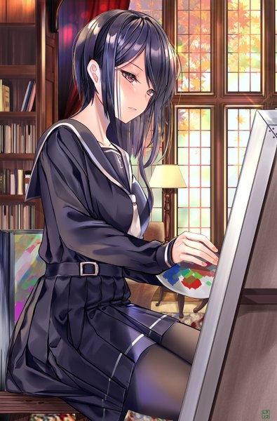 Anime picture 2000x3038 with original muka tsuku single tall image blush fringe highres short hair black hair red eyes sitting holding looking away indoors long sleeves parted lips pleated skirt drawing girl skirt