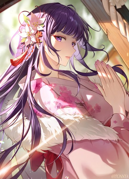 Anime picture 3606x5007 with genshin impact raiden shogun pponnya single long hair tall image looking at viewer highres purple eyes absurdres purple hair upper body traditional clothes japanese clothes mole mole under eye hands clasped praying girl hair ornament