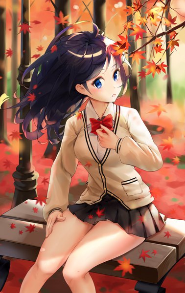 Anime picture 2480x3927 with gridman universe ssss.gridman studio trigger takarada rikka kian single long hair tall image looking at viewer blush highres blue eyes black hair sitting outdoors pleated skirt wind blurry hand on hip girl