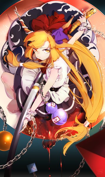 Anime picture 1721x2886 with touhou ibuki suika maimuro single tall image looking at viewer highres blonde hair yellow eyes very long hair horn (horns) low ponytail unsheathing girl bow weapon hair bow sword katana chain