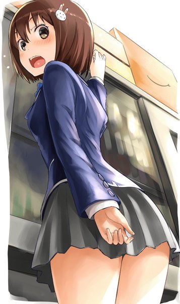 Anime picture 631x1059 with kono bijutsubu niwa mondai ga aru feel (studio) usami mizuki tea (nakenashi) single tall image looking at viewer blush fringe short hair open mouth light erotic hair between eyes brown hair standing brown eyes long sleeves pleated skirt looking back teeth