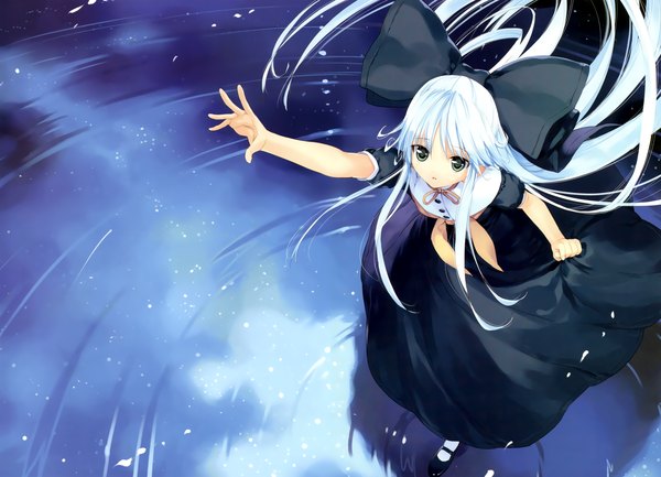 Anime picture 4845x3502 with soshite ashita no sekai yori mizumori minami ueda ryou single long hair looking at viewer highres green eyes absurdres white hair girl dress bow hair bow petals water