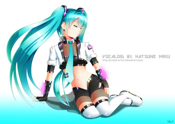 Anime picture 4092x2893 with vocaloid hatsune miku exiled (artist) single long hair highres simple background white background twintails absurdres eyes closed aqua hair inscription bare belly midriff copyright name character names open shorts girl gloves
