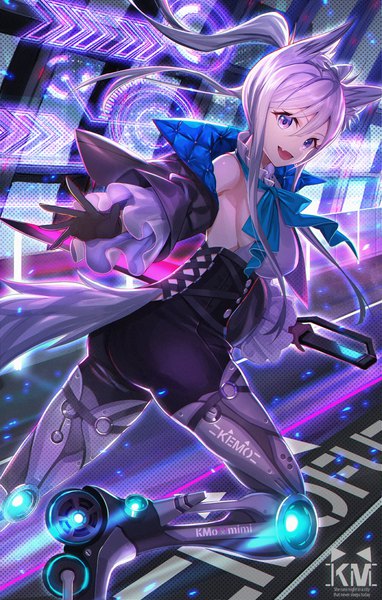 Anime picture 2607x4096 with original amahara subaru single long hair tall image looking at viewer fringe highres breasts open mouth light erotic smile hair between eyes purple eyes holding animal ears payot silver hair tail :d