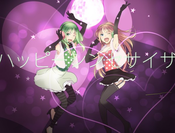 Anime picture 1928x1471 with vocaloid happy synthesizer (vocaloid) megurine luka gumi roku (artist) highres open mouth multiple girls pink hair one eye closed green hair wink victory polka dot girl thighhighs gloves 2 girls miniskirt pantyhose