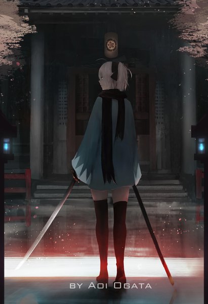 Anime picture 1120x1632 with fate (series) okita souji (fate) (all) okita souji (koha-ace) aoi ogata single tall image looking at viewer short hair standing ahoge white hair traditional clothes japanese clothes profile from behind watermark girl weapon petals sword