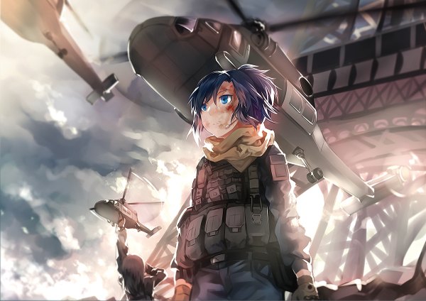 Anime picture 1200x849 with original rff (3 percent) long hair short hair blue eyes black hair multiple girls blue hair looking away cloud (clouds) ponytail scar girl gloves 2 girls vest microphone helicopter eiffel tower