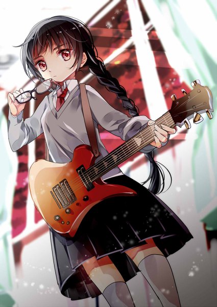 Anime-Bild 900x1271 mit original ayumaru (art of life) single long hair tall image black hair red eyes standing looking away braid (braids) from below twin braids eyewear removed girl uniform school uniform socks glasses window guitar