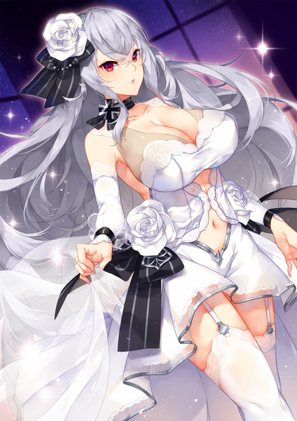 Anime picture 1414x2000 with azur lane graf zeppelin (azur lane) user jgpt8385 single long hair tall image looking at viewer blush fringe breasts open mouth light erotic hair between eyes red eyes large breasts standing payot cleavage silver hair parted lips