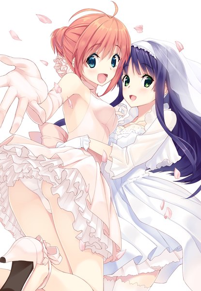 Anime picture 692x1000 with gin (ginshari) long hair tall image blush short hair open mouth blue eyes light erotic multiple girls green eyes blue hair pink hair wedding girl dress gloves underwear panties 2 girls petals