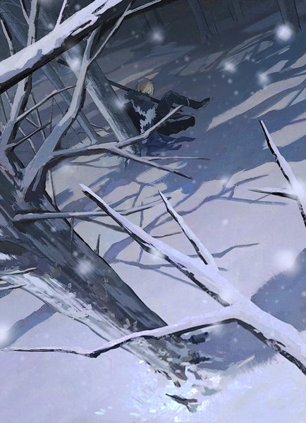 Аниме картинка 724x1000 с fire emblem fire emblem: three houses nintendo dimitri alexandre blaiddyd anx87400528 один (одна) высокое изображение короткие волосы светлые волосы сидит всё тело на улице вид сверху голландский угол снегопад зима снег голое дерево около дерева мужчина