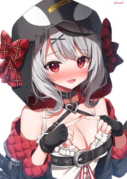 Anime picture 708x1000 with virtual youtuber hololive sakamata chloe sakamata chloe (1st costume) mauve single tall image looking at viewer blush short hair breasts open mouth light erotic simple background red eyes large breasts white background signed cleavage silver hair