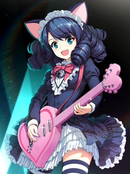 Anime picture 900x1200 with show by rock!! studio bones cyan (show by rock!!) strawberry heart nyan c single tall image looking at viewer short hair open mouth blue eyes black hair animal ears cat ears sparkle drill hair frilled dress lolita fashion goth-loli playing instrument