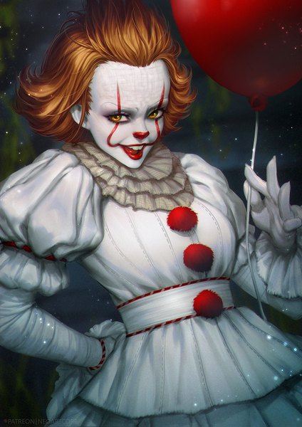 Anime picture 1000x1415 with it (stephen king) pennywise nudtawut thongmai single tall image looking at viewer short hair open mouth smile brown hair standing yellow eyes realistic lipstick watermark red lipstick arm behind back makeup face paint genderswap