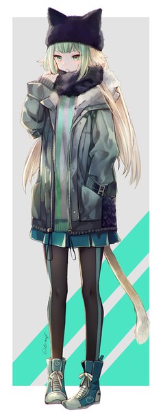 Anime-Bild 393x1000 mit fate (series) fate/grand order fate/apocrypha atalanta (fate) miyuki ruria single long hair tall image looking at viewer blush fringe simple background blonde hair standing green eyes signed full body tail animal tail pleated skirt