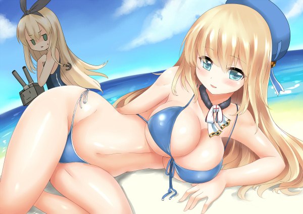 Anime picture 1202x850 with kantai collection shimakaze destroyer rensouhou-chan atago heavy cruiser miyuki rei long hair looking at viewer blush breasts blue eyes light erotic blonde hair smile large breasts bare shoulders multiple girls green eyes animal ears sky cleavage