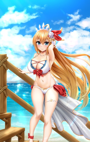 Anime picture 1500x2353 with princess connect! re:dive princess connect! pecorine (princess connect!) abukobato single long hair tall image looking at viewer blush fringe breasts blue eyes light erotic blonde hair smile hair between eyes large breasts standing sky cloud (clouds)