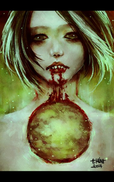Anime picture 850x1350 with original nanfe single tall image looking at viewer short hair open mouth black hair bare shoulders signed nude lips black eyes teeth lipstick letterboxed injury 2014 guro girl