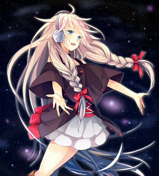 Anime picture 900x1000 with vocaloid ia (vocaloid) akiyoshi (tama-pete) single tall image fringe standing looking away pink hair sky braid (braids) very long hair aqua eyes night alternate costume twin braids spread arms singing girl bow