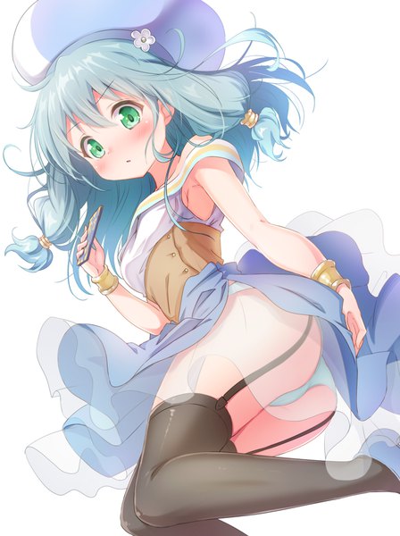 Anime picture 780x1045 with endro! meiza endust matokechi single long hair tall image looking at viewer blush fringe open mouth light erotic simple background hair between eyes white background holding green eyes payot aqua hair from below armpit (armpits)