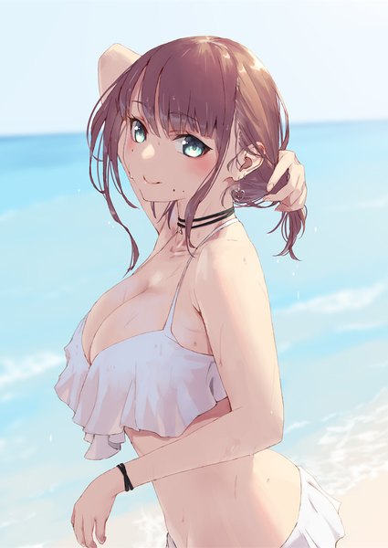 Anime picture 800x1130 with original jonsun single tall image looking at viewer blush fringe short hair breasts blue eyes light erotic smile brown hair large breasts standing sky outdoors blunt bangs blurry mole