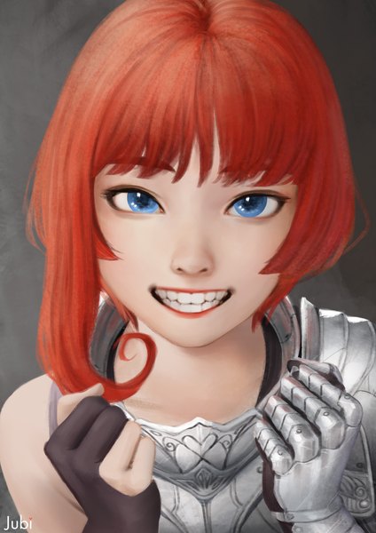 Anime picture 2480x3508 with original alicia (acerailgun) jubi (regiana) single tall image looking at viewer fringe highres short hair blue eyes smile signed red hair light smile teeth lipstick grin portrait borrowed character girl