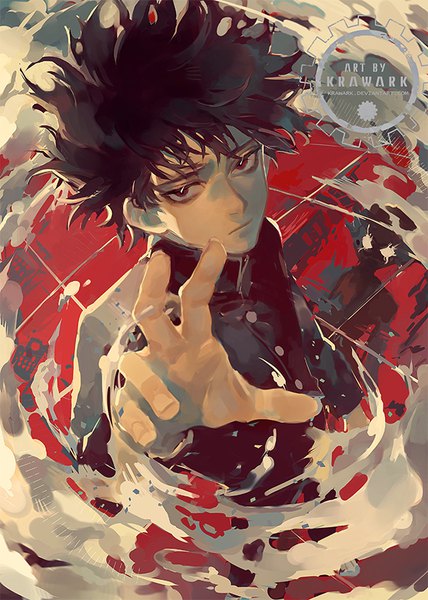 Anime picture 606x850 with mob psycho 100 studio bones kageyama shigeo renos single tall image looking at viewer short hair black hair red eyes from above smoke outstretched hand messy hair boy uniform school uniform gakuran