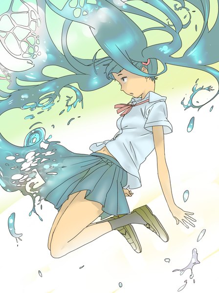 Anime picture 1480x1980 with miyama fugin tall image simple background twintails profile aqua hair flying liquid hair girl uniform bow school uniform water splashes