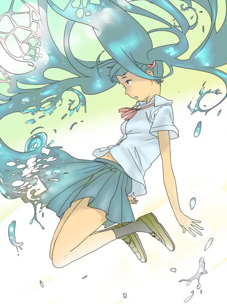 イラスト 1480x1980 と 深山フギン 長身像 simple background ツインテール プロフィール aqua hair flying liquid hair 女の子 制服 ちょう結び 学生服 水 ぱしゃぱしゃ