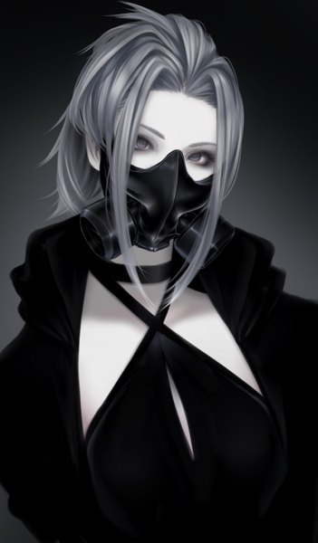 Anime picture 749x1280 with original erise single long hair tall image looking at viewer fringe breasts simple background payot upper body head tilt grey hair open jacket grey eyes gradient background girl choker jacket respirator