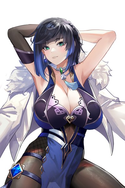Anime picture 1000x1492 with genshin impact yelan (genshin impact) drive shot single tall image looking at viewer blush fringe short hair breasts light erotic black hair simple background standing white background green eyes blue hair cleavage blunt bangs parted lips