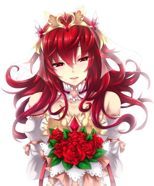 Anime picture 1185x1425 with elsword elesis (elsword) fi-san single long hair tall image looking at viewer open mouth red eyes white background bare shoulders red hair girl dress hair ornament flower (flowers) rose (roses) bouquet wedding dress