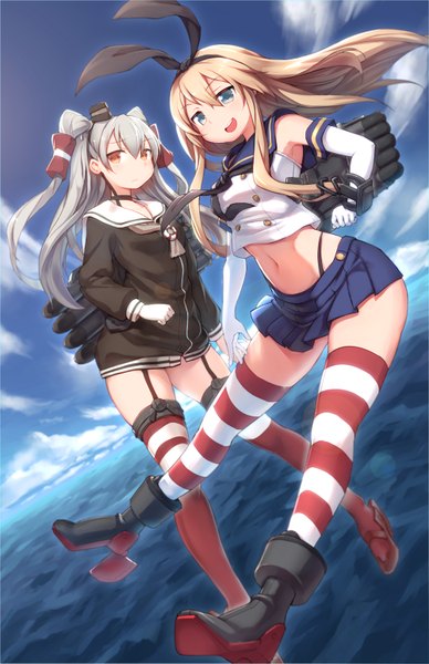 Anime picture 1000x1545 with kantai collection shimakaze destroyer amatsukaze destroyer zenn (artist) long hair tall image looking at viewer fringe open mouth blue eyes light erotic blonde hair smile multiple girls sky grey hair bare belly orange eyes two side up horizon