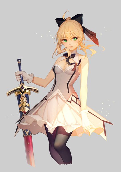 Anime picture 620x877 with fate (series) fate/grand order fate/unlimited codes artoria pendragon (all) saber lily soulkiller (brz) single tall image looking at viewer blush fringe short hair breasts simple background hair between eyes bare shoulders holding green eyes payot cleavage