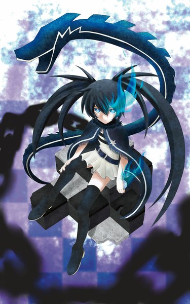 Anime picture 1200x1920 with black rock shooter black rock shooter (character) long hair tall image looking at viewer blue eyes black hair sitting twintails glowing glowing eye (eyes) girl thighhighs dress black thighhighs chain